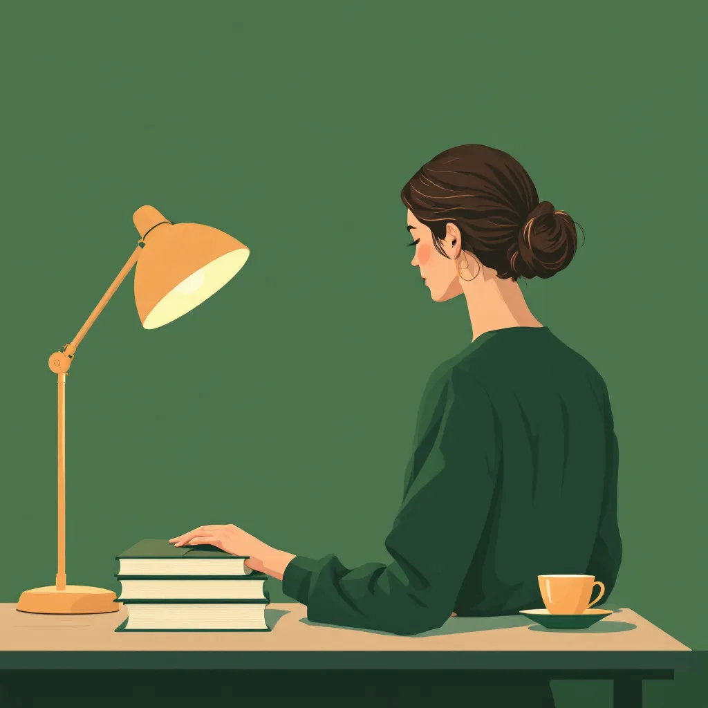 Ilustracja: nauczycielka przy biurku z podręcznikami, w świetle lampki